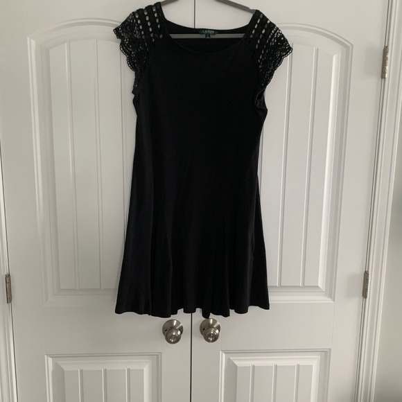 Lauren Ralph Lauren 100% Cotton XL Crochet  Sleeve and Fit and Flare Black Dress - Picture 4 of 6
